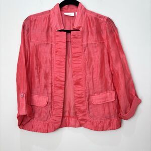 Chico Women Coral Pink Linen Blend Open Front Jacket small Lightweight Cruise